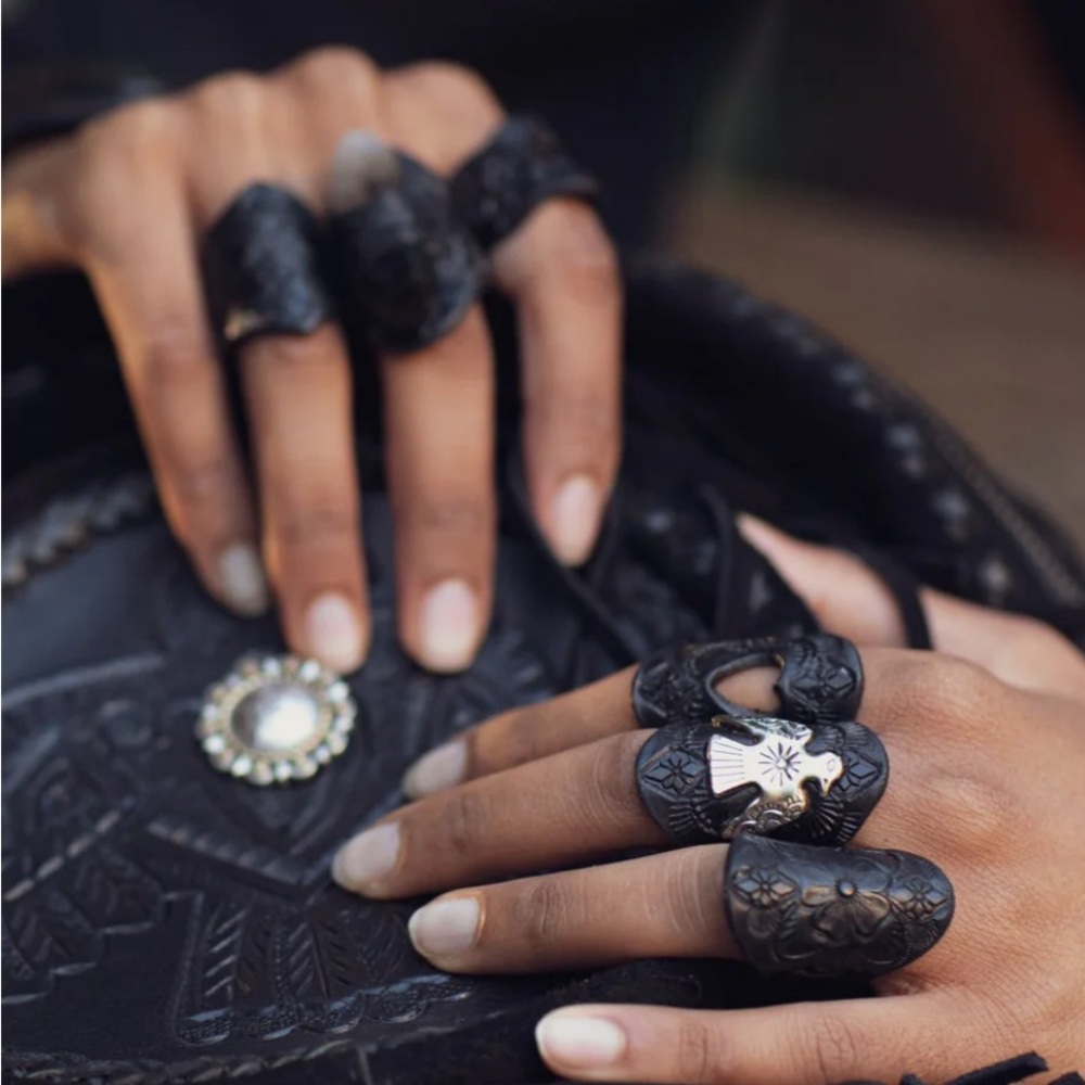 Leather Handmade Thunderbird Black Statement Ring by BUFFALO GIRL AU size 8